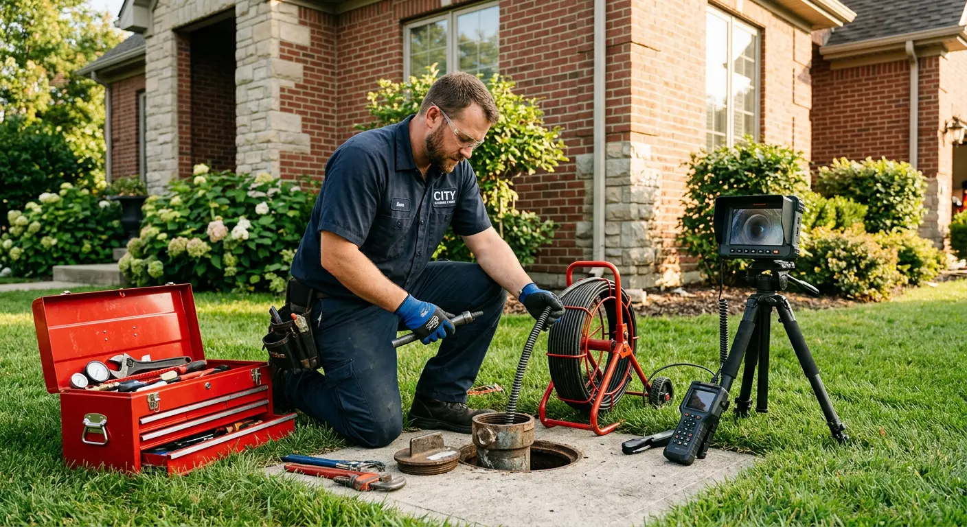 Sewer specialist with camera equipment servicing a cleanout in Oak Park