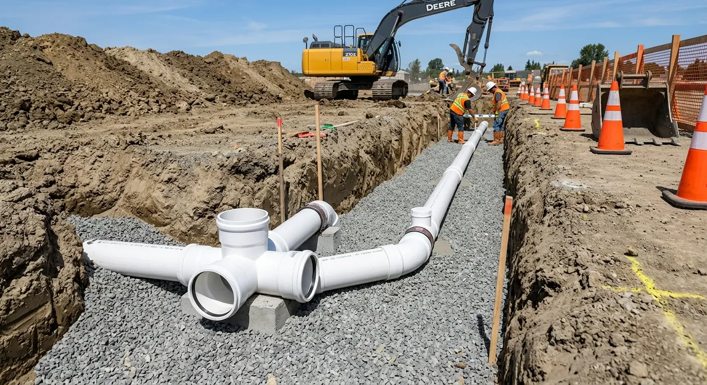 New PVC sewer pipe installation in open trench for Commercial Drain Cleaning in Oak Park