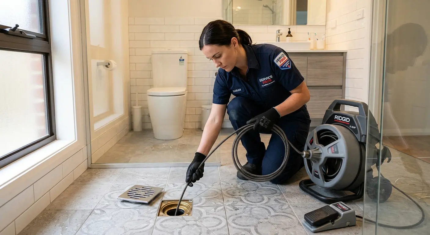 Technician clearing a bathroom floor drain for Clogged Drain Repair in Oak Park